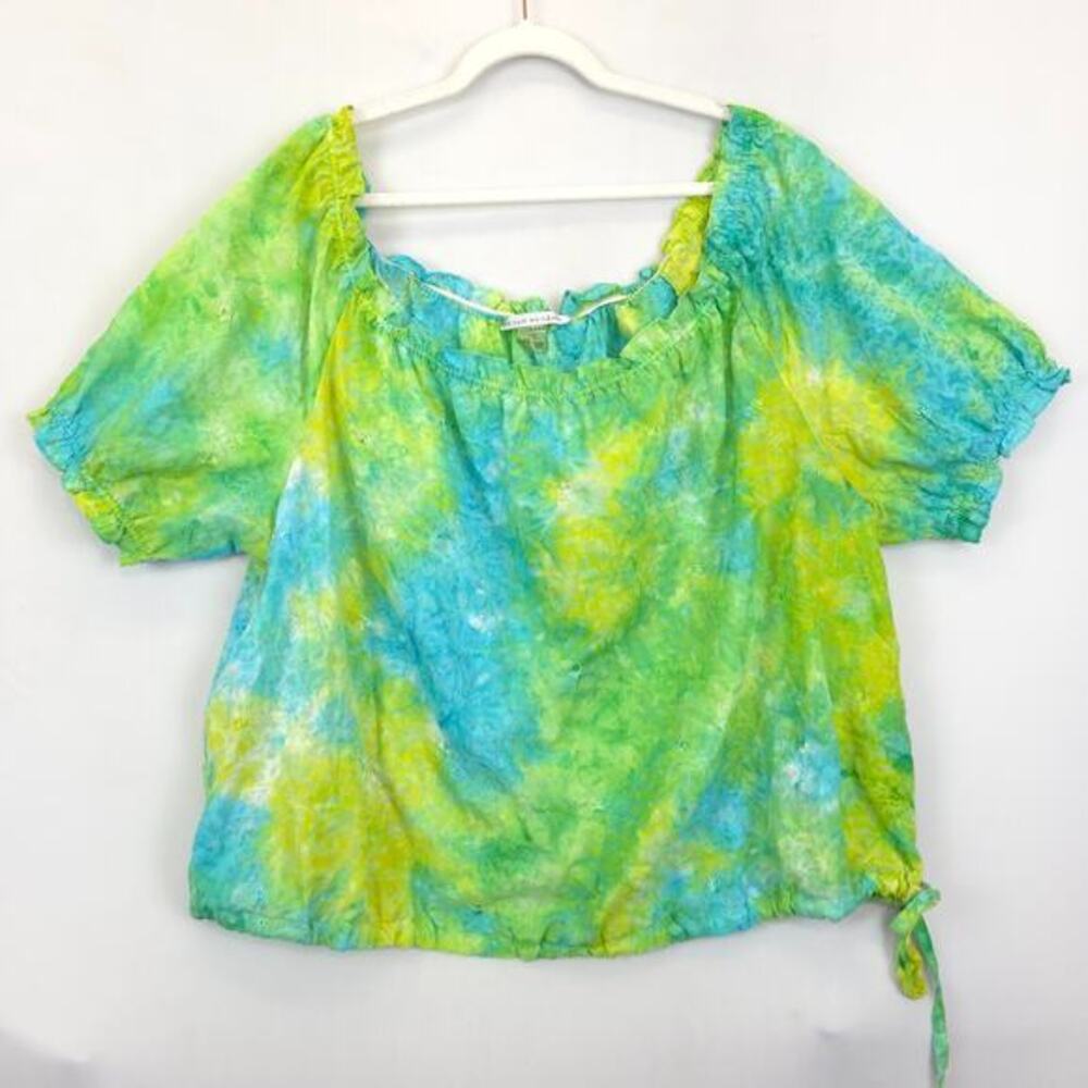 Peter Nygard Tie Dye Embroidered Peasant Blouse Women 20 Blue Green Coastal Boho